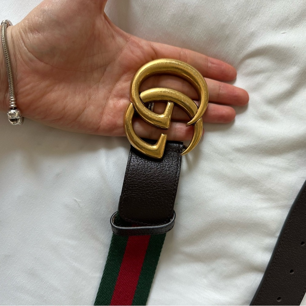 Gucci Gold Buckle Belt with Brown Leather and Green-Red Stripe